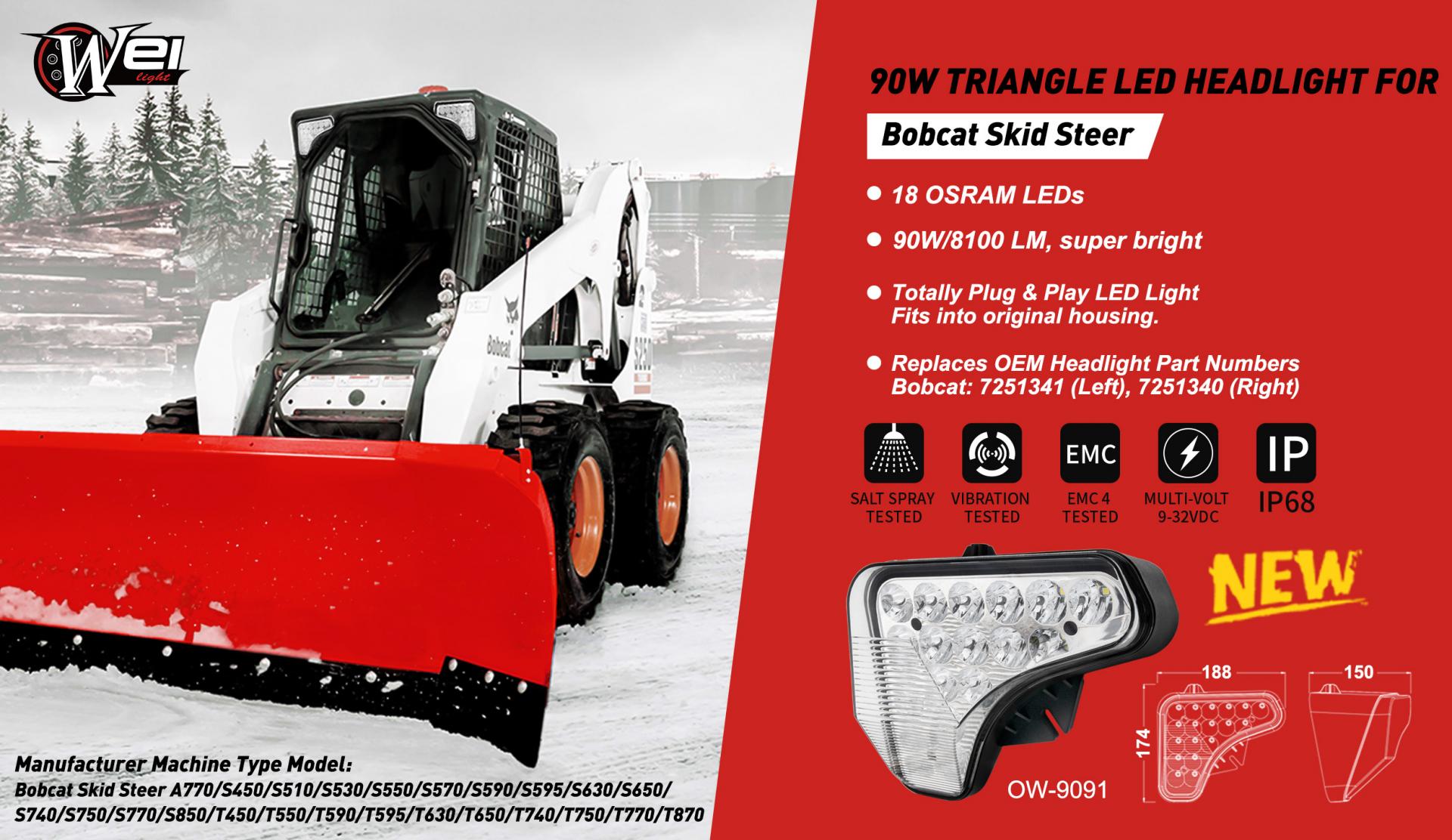 New arrival--90W Triangle LED Headlight for Bobcat Skid Steer